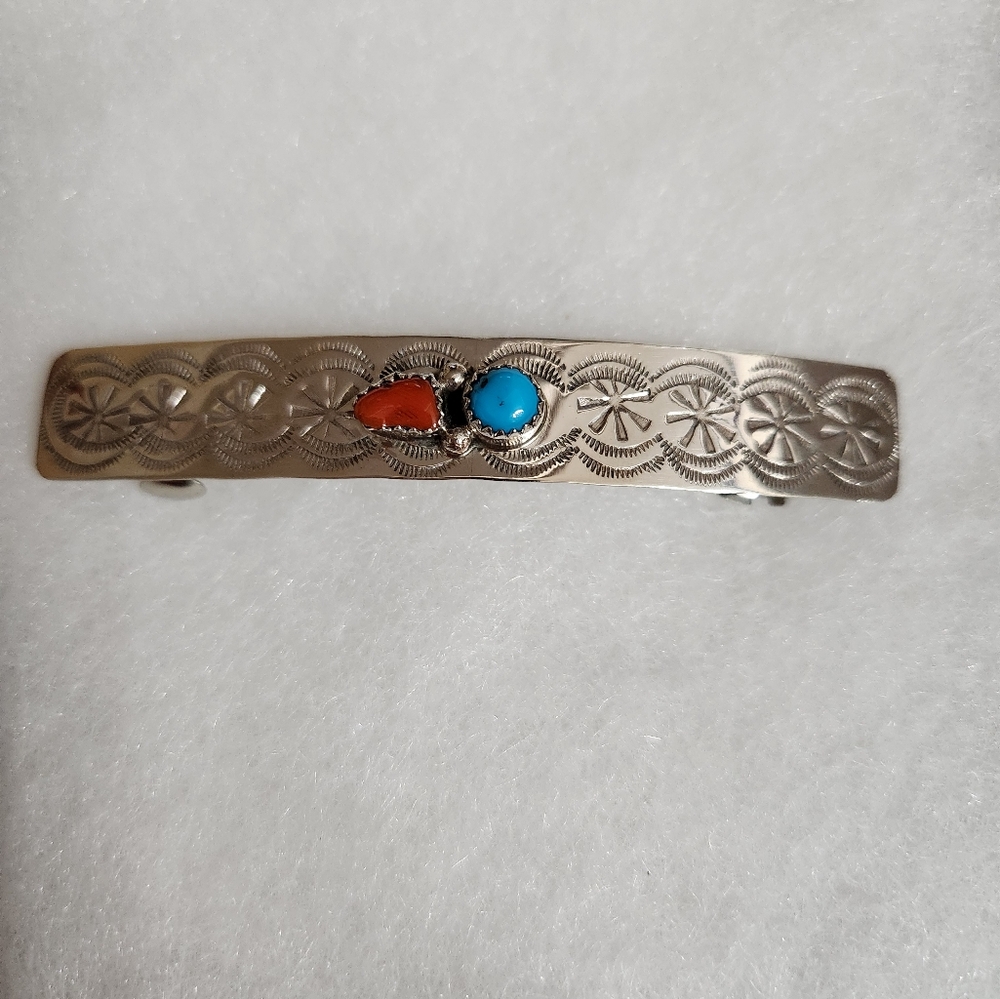 Sterling Silver Turquoise And Red Coral Barrette